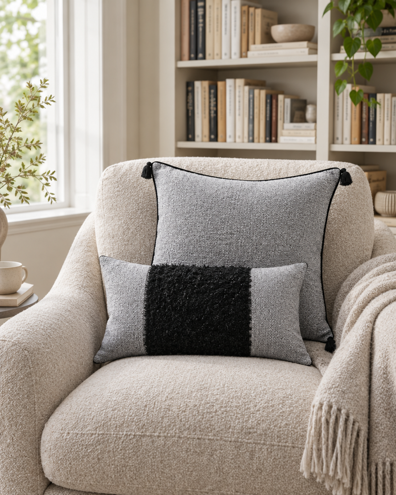 Grey bouclé cushion and grey lumbar with a black shaggy band on an armchair in a reading nook