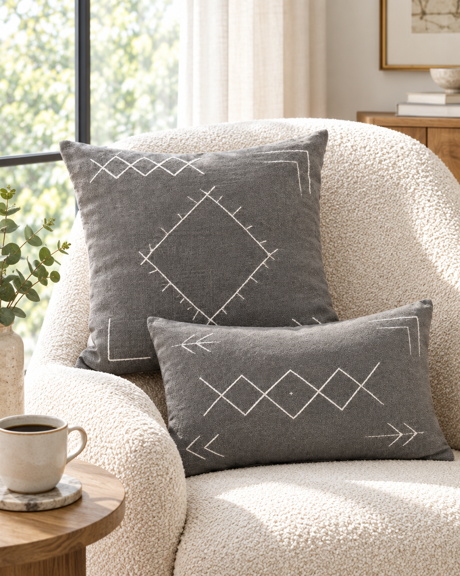 Grey cushions with ivory diamond and arrow stitching on a bouclé armchair by a window with a coffee cup