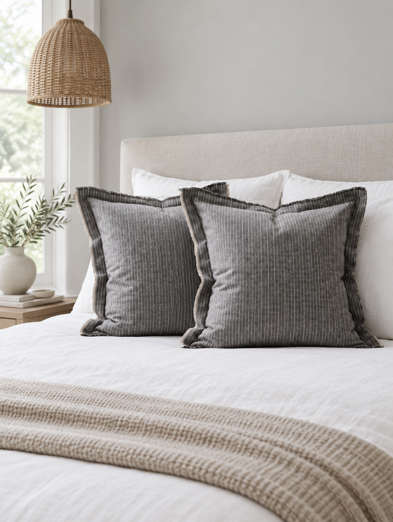 Grey pinstripe flanged cushions on a white bed with an oatmeal knit throw folded at the foot