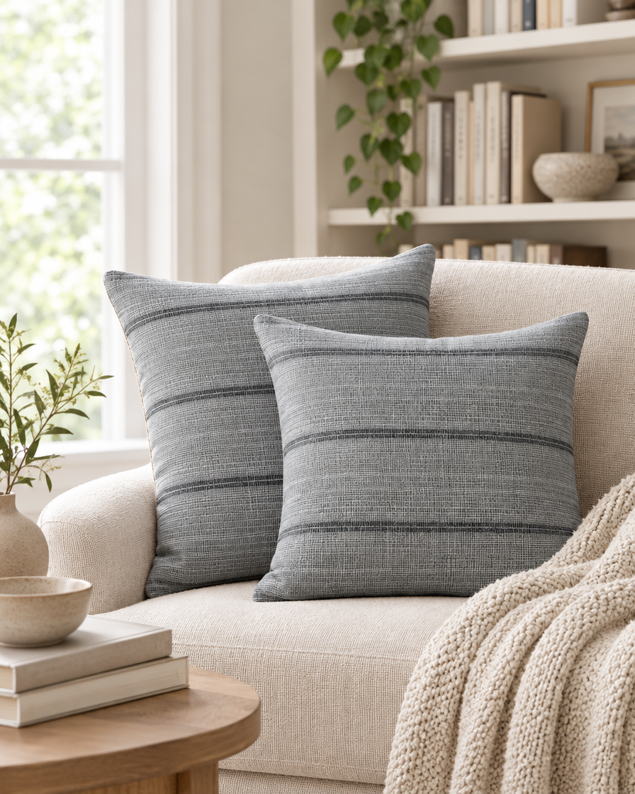 Grey stripe hemp cotton cushions in a sunny reading nook beside bookshelves