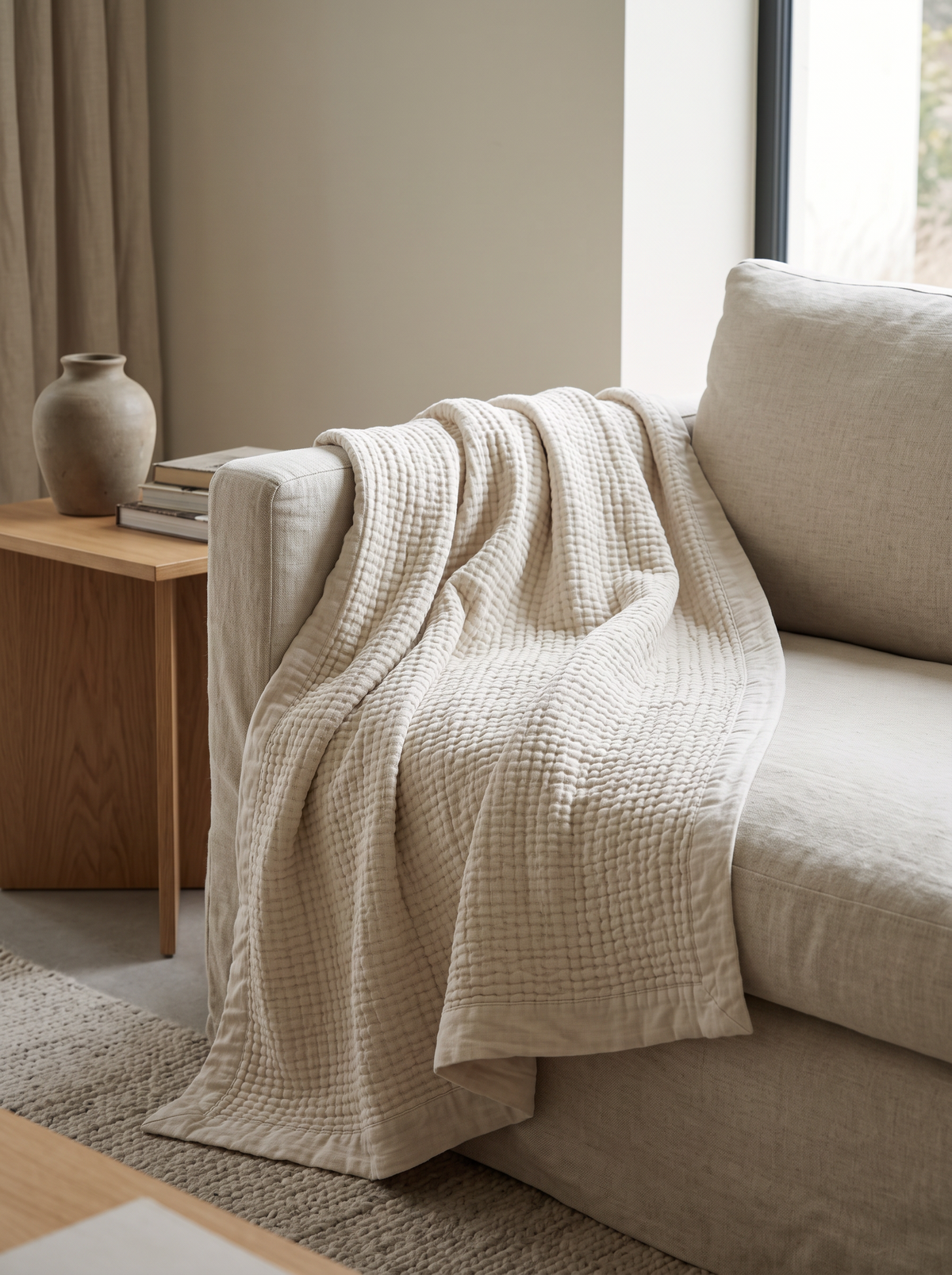Natural Quilted Cotton Throw Blanket draped over a linen sofa