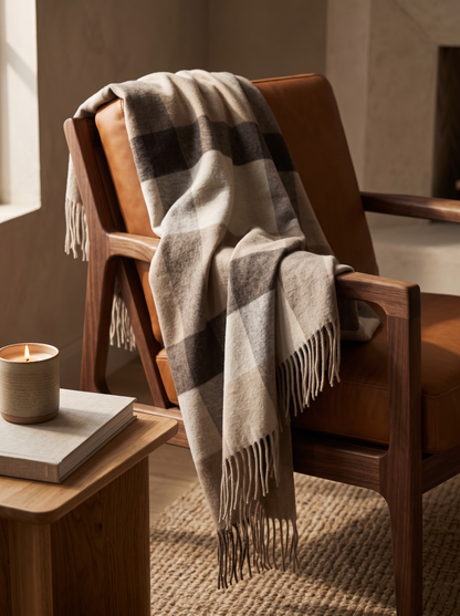 Cocoa Check Lambswool Throw Blanket over a walnut and leather lounge chair