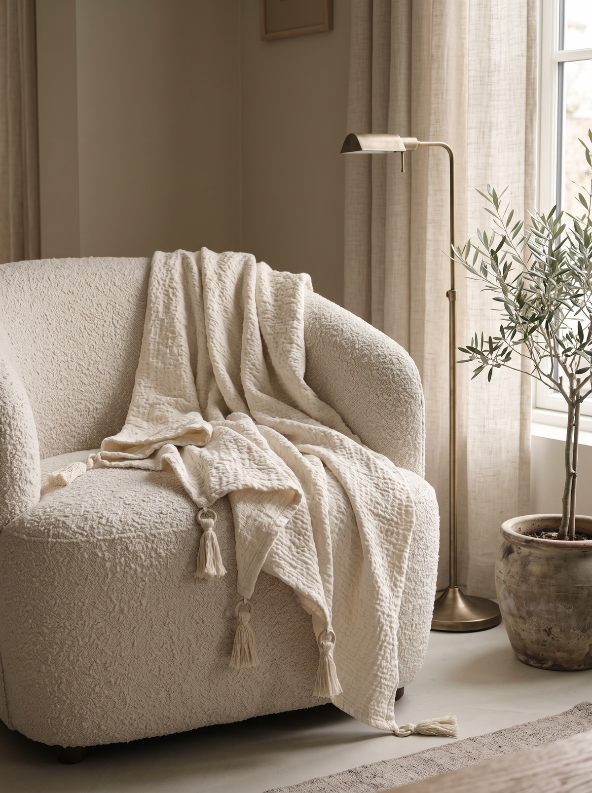 Ivory Tasselled Cotton Throw Blanket over a boucle armchair by a window