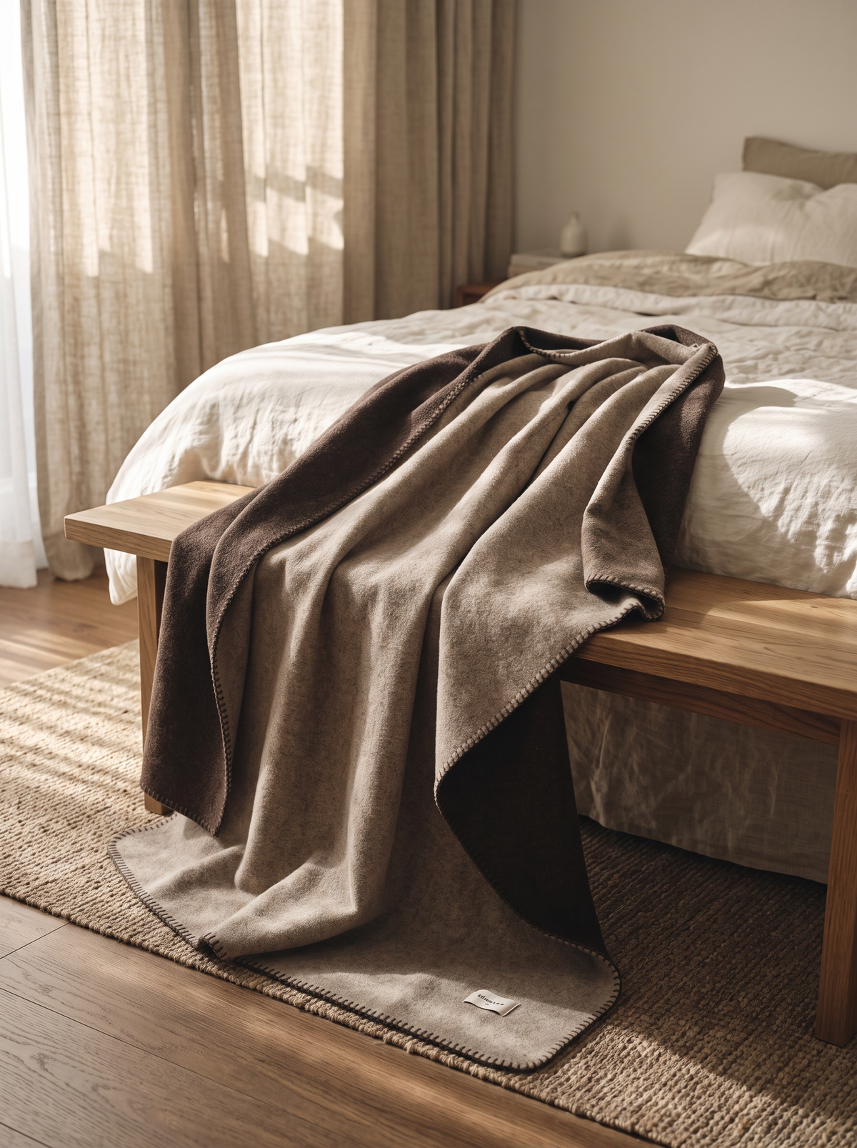 Mocha Pure Wool Throw Blanket draped over a bench at the end of a bed
