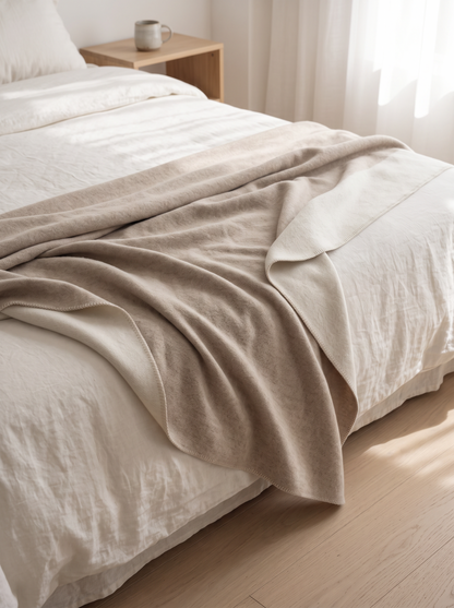 Oat Pure Wool Throw Blanket folded across the foot of a bed