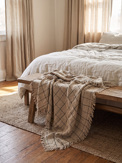 Natural Linen Cotton Check Throw Blanket draped over a bench at the end of a bed