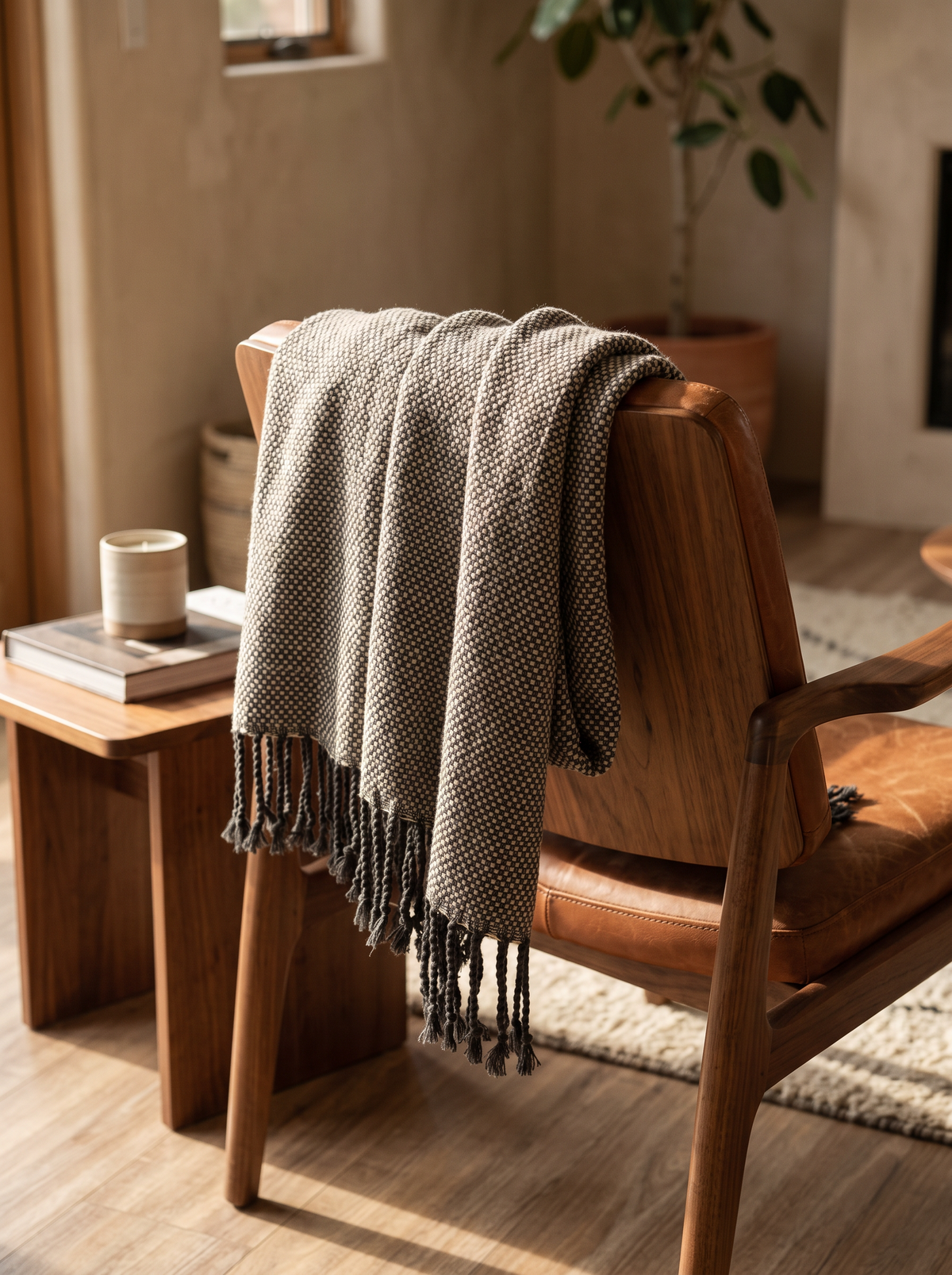 Grey Merino Wool Knit Throw over a walnut and leather lounge chair