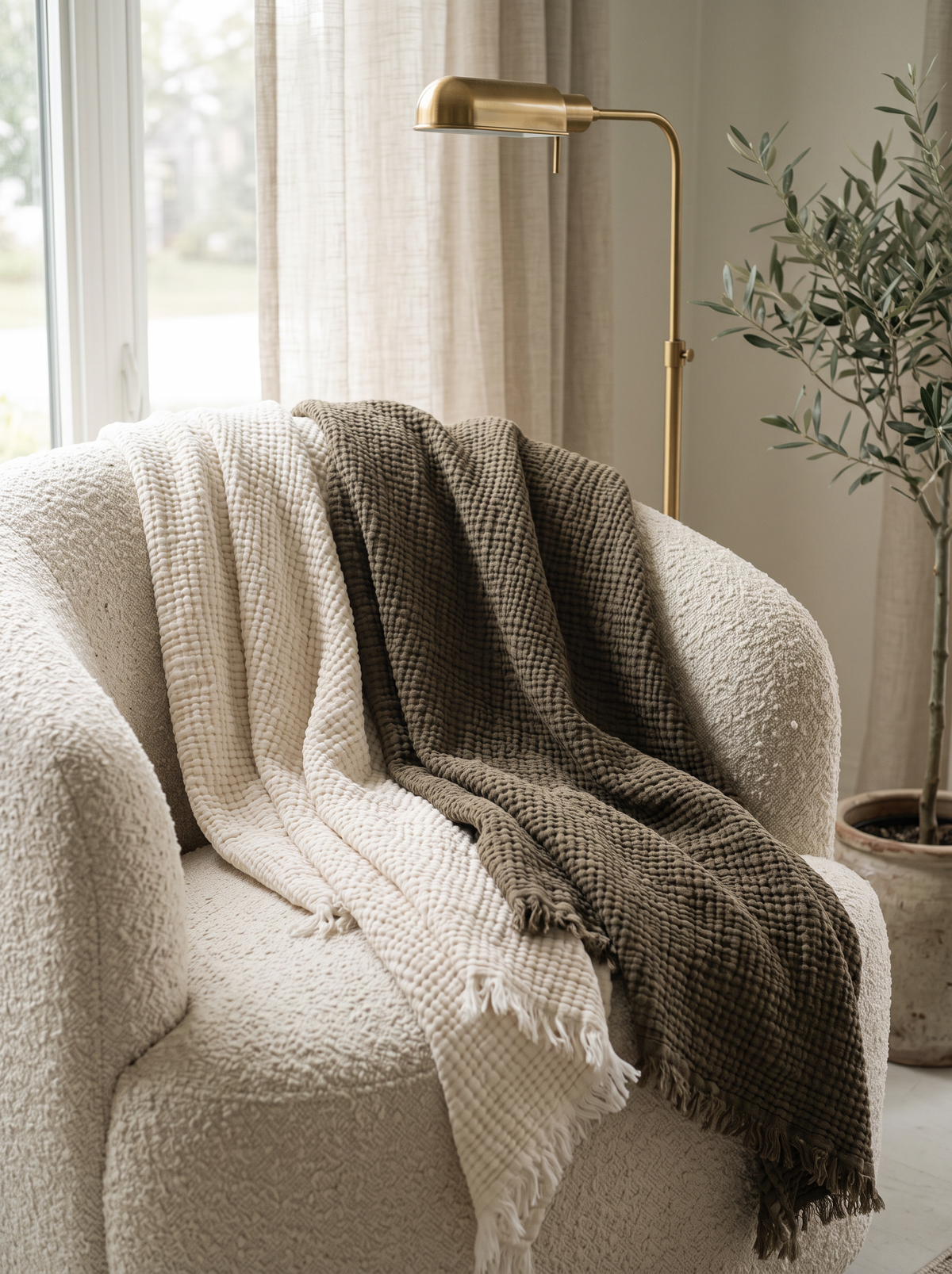 Four-Layer Cotton Muslin Throw Blanket over a boucle armchair by a window