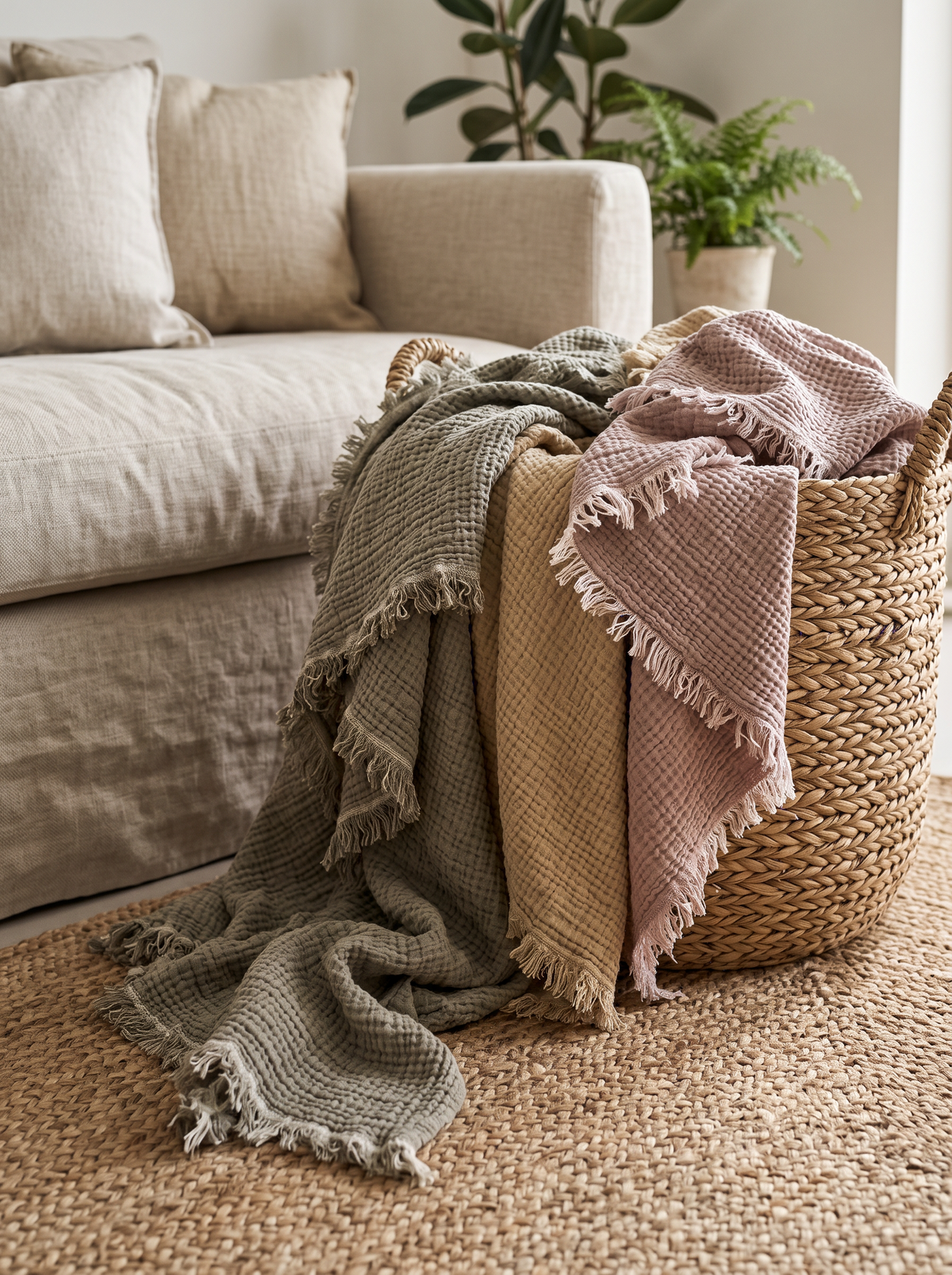 Linen Cotton Muslin Throw Blanket in a seagrass basket by the sofa