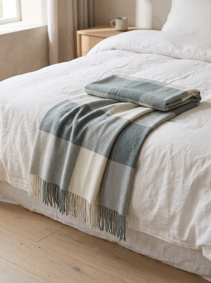 Blue Plaid Pure Wool Throw Blanket folded across the foot of a bed
