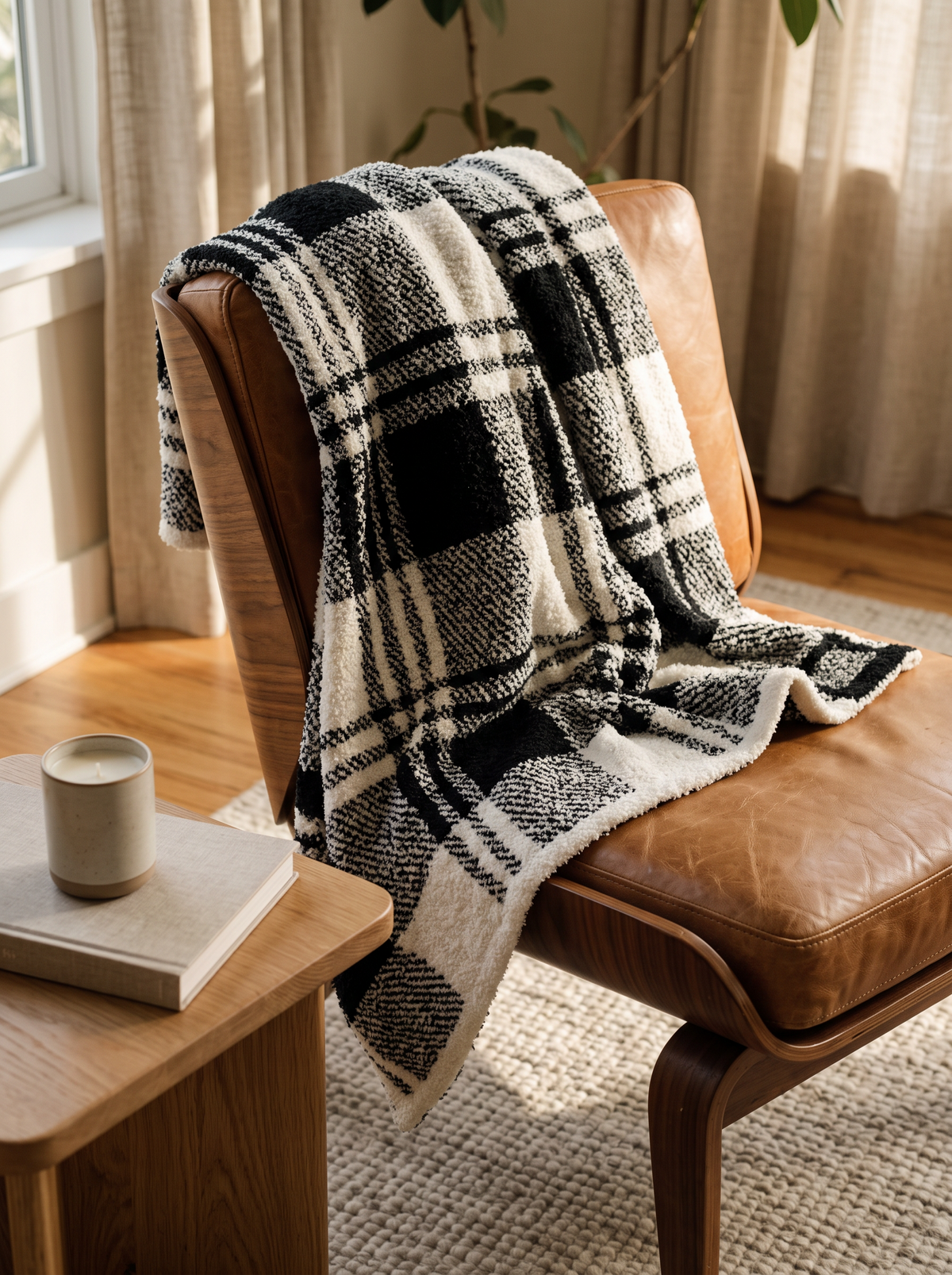 Black and White Check Faux Fur Knit Throw over a walnut and leather lounge chair