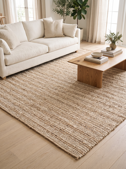 Jute Wool Stripe Hand-Woven Rug under an oak coffee table in a living room