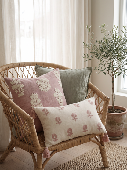 Ivory & Rose Embroidery Ramie Cotton Cushion Covers on a rattan armchair by a window