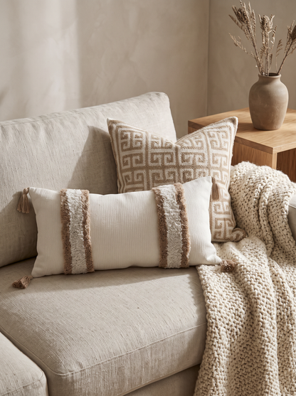 Caramel & Ivory Loop-Pile Embroidery Cotton Cushion Covers on a linen sofa