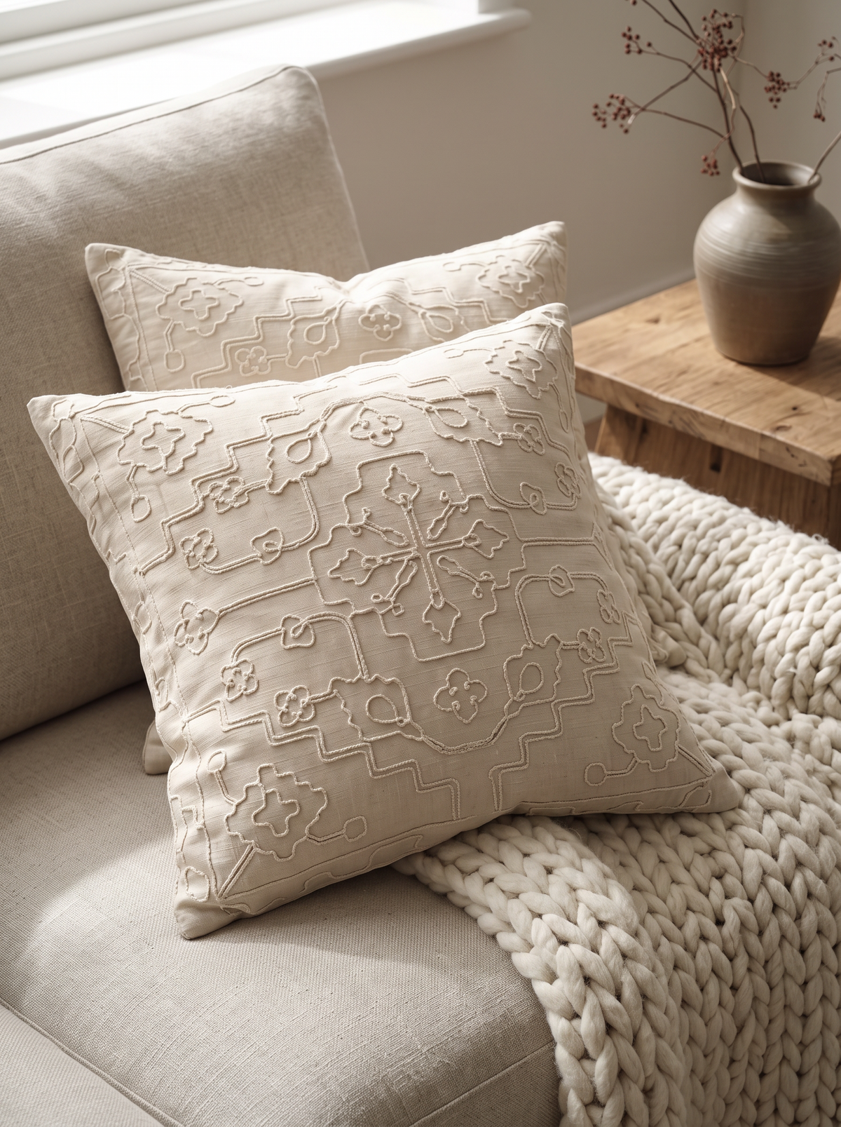 Oat Cord Embroidery Ramie Cotton Cushion Covers on a linen sofa