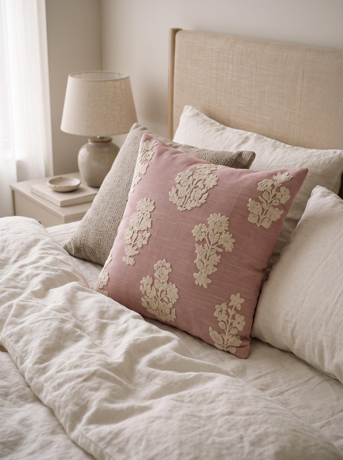 Rose Pink Embroidery Linen Viscose Cushion Covers on a made bed