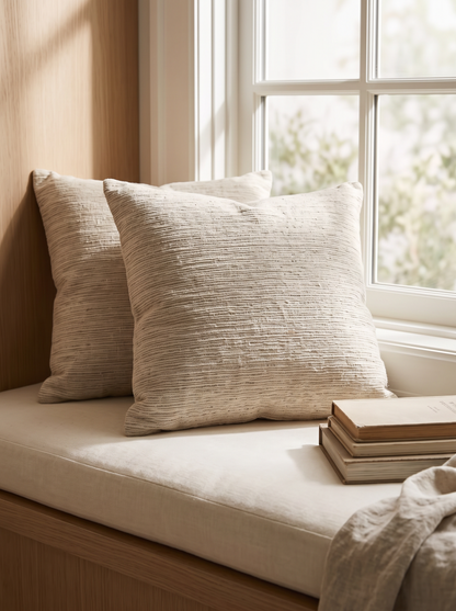 Taupe Jacquard Hemp Cotton Cushion Covers on a window seat