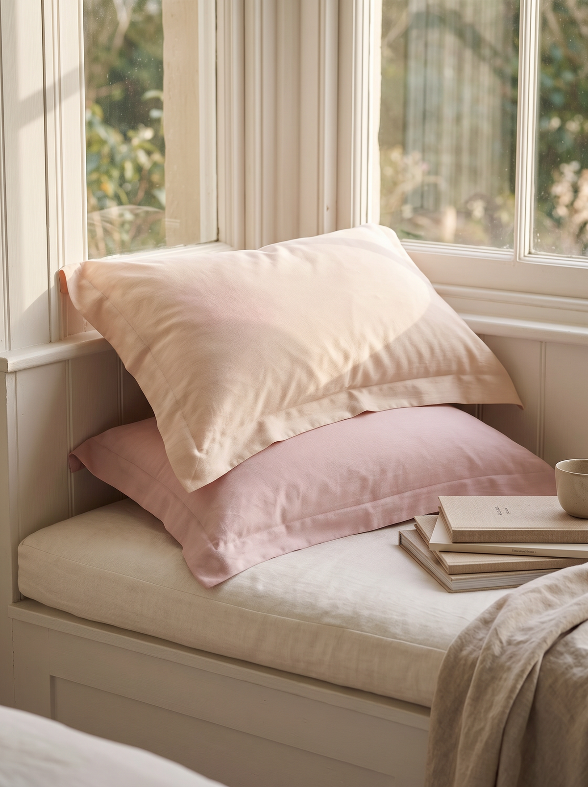 Blush Two-Tone Lyocell Linen Cushion Covers on a window seat