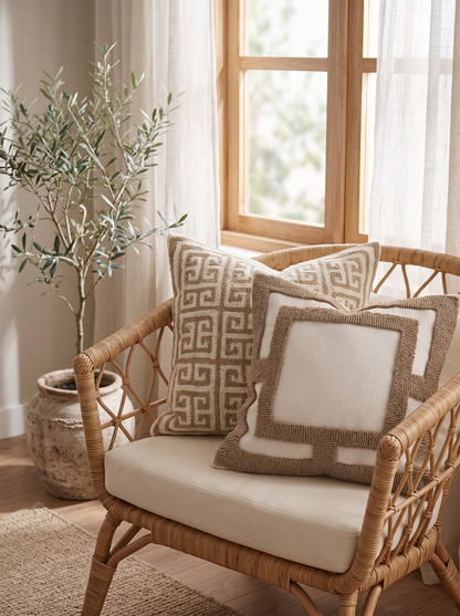 Ivory & Caramel Loop-Pile Embroidery Cushion Covers on a rattan armchair by a window