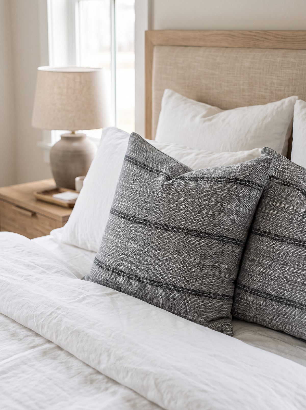 Grey Stripe Jacquard Hemp Cotton Cushion Covers on a made bed