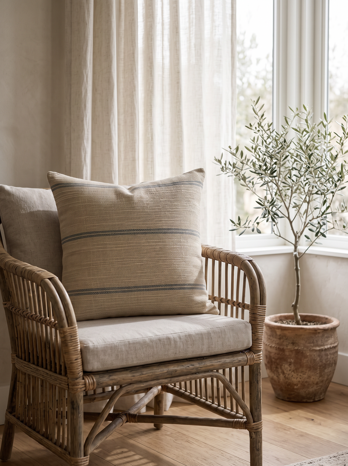 Sand & Sky Stripe Jacquard Hemp Cotton Cushion Covers on a rattan armchair by a window