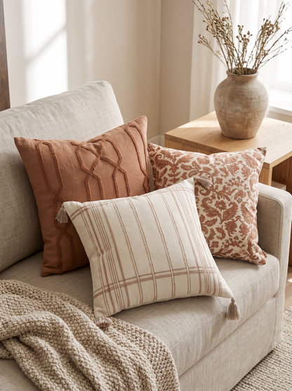Ivory & Terracotta Stripe Printed Cushion Covers on a linen sofa