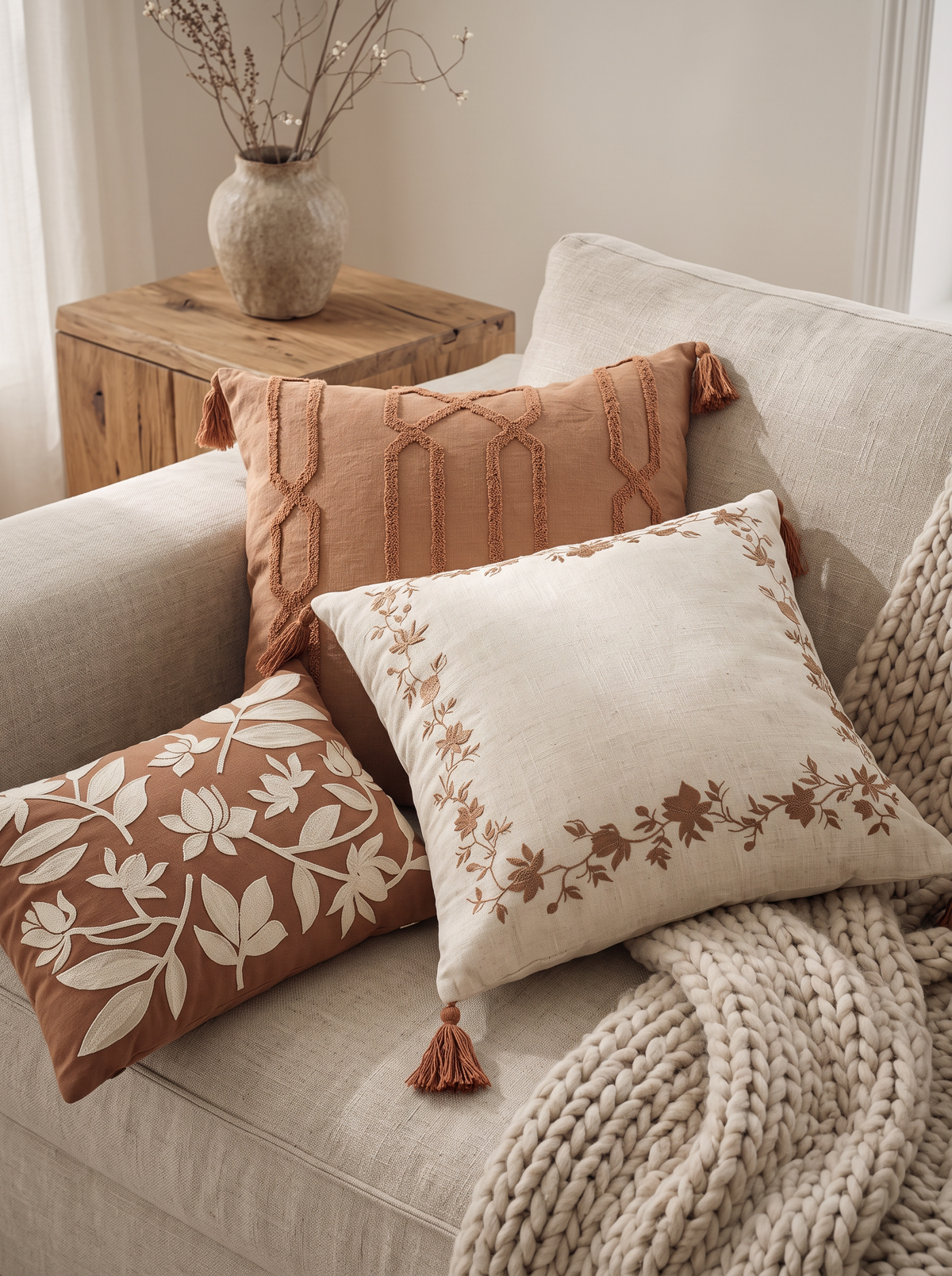 Terracotta Trellis Embroidery Ramie Cotton Cushion Covers on a linen sofa