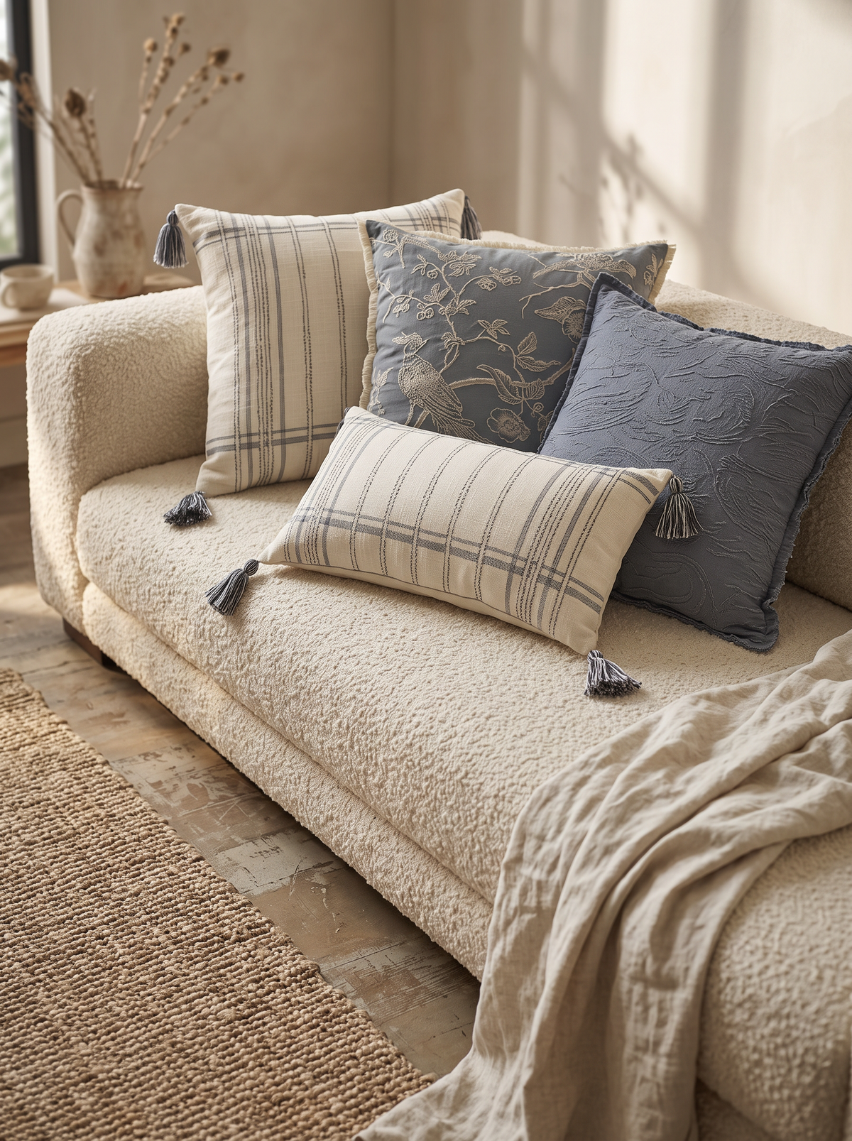 Ivory & Blue Stripe Embroidery Cushion Covers on a boucle daybed