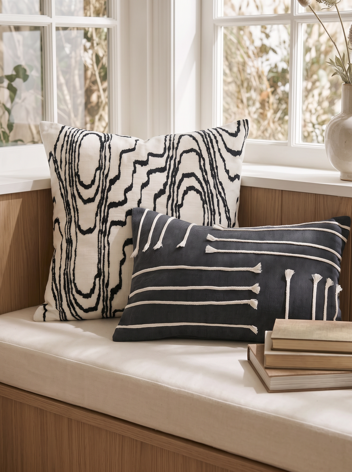 Black & Ivory Embroidery Lumbar Cushion Covers on a window seat