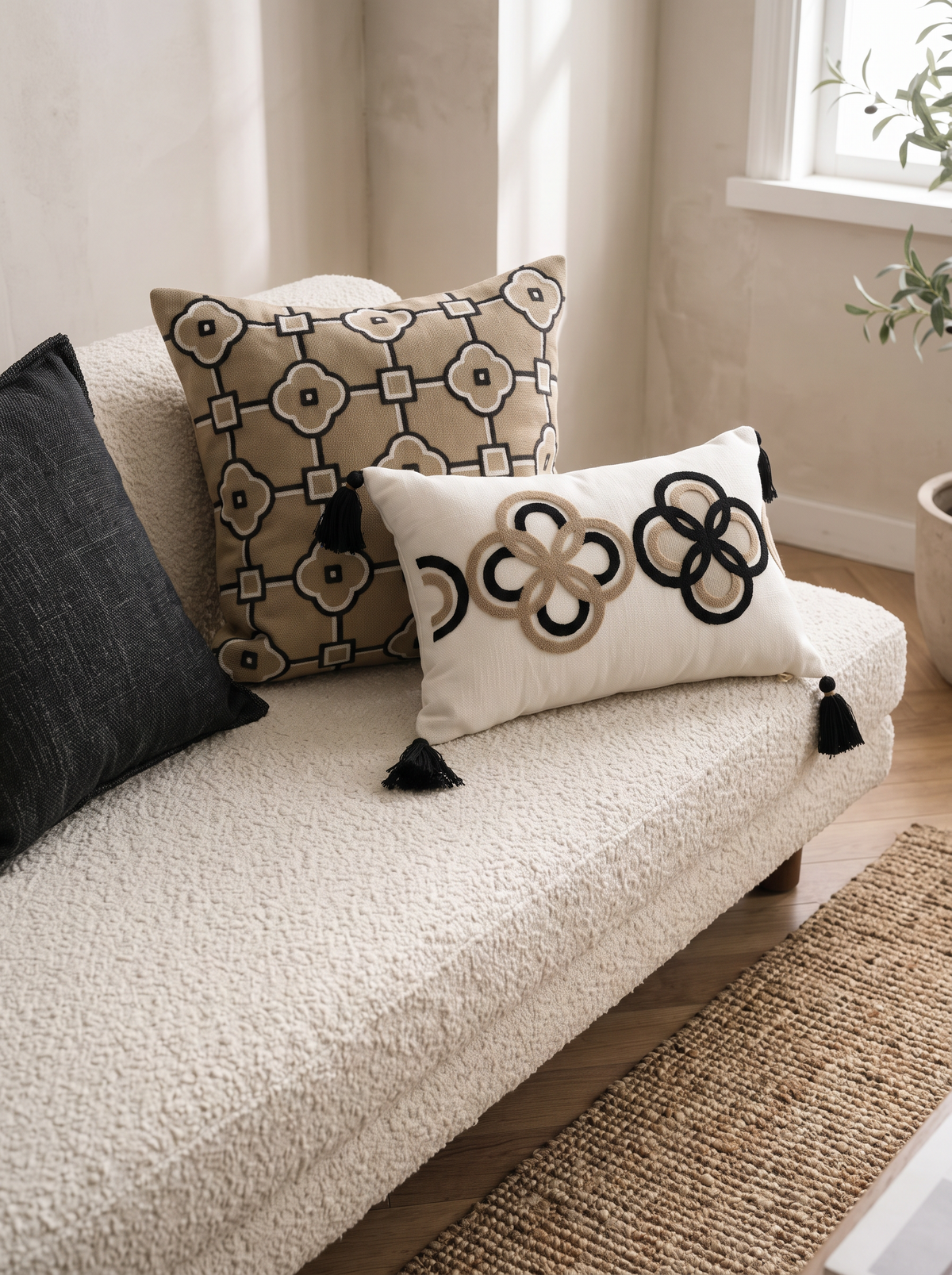 Taupe & Black Lattice Embroidery Cushion Covers on a boucle daybed