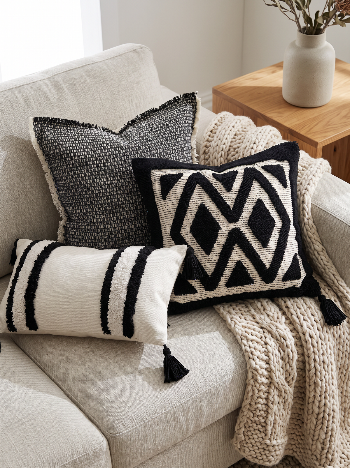 Black & Ivory Chevron Loop-Pile Embroidery Cushion Covers on a linen sofa