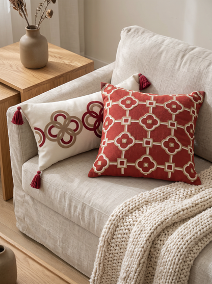 Red & Ivory Lattice Embroidery Ramie Cotton Cushion Covers on a linen sofa