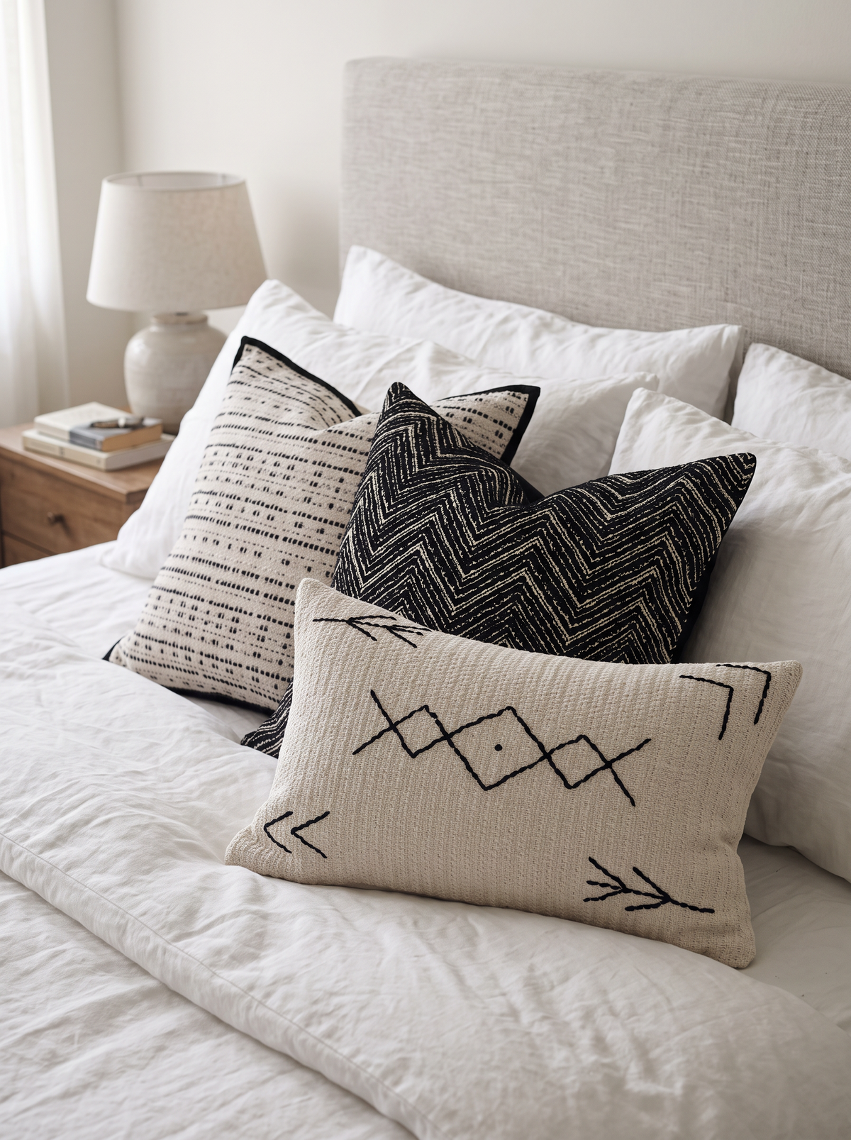 Black & Ivory Chevron Jacquard Cushion Covers on a made bed