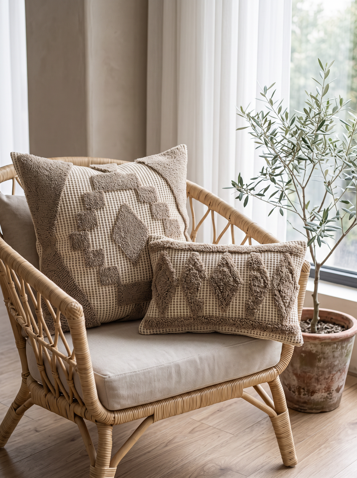 Oat & Ivory Medallion Loop-Pile Embroidery Cushion Covers on a rattan armchair by a window