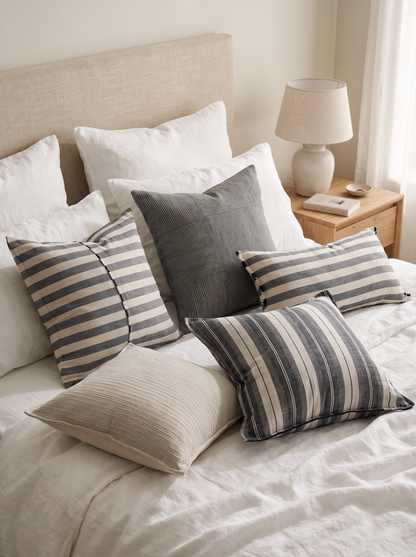 Charcoal Wide Stripe Jacquard Linen Cushion Covers on a made bed