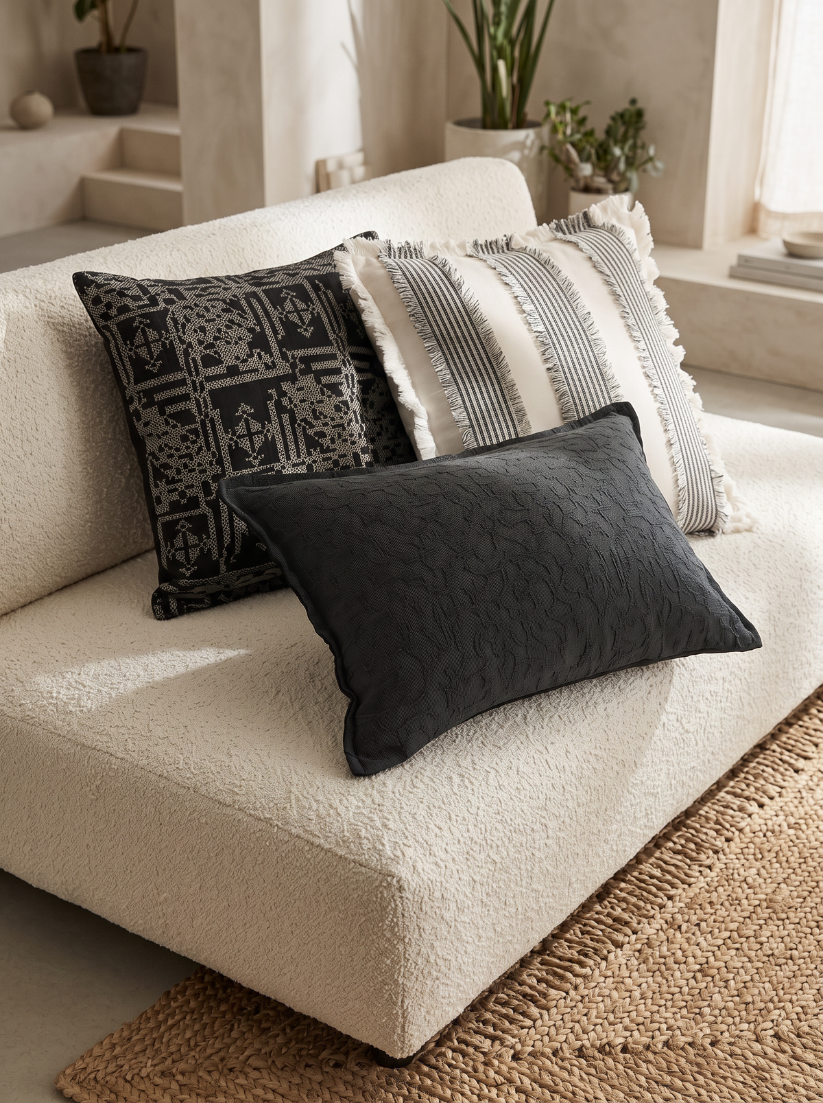 Charcoal Jacquard Cotton Linen Lumbar Cushion Covers on a boucle daybed