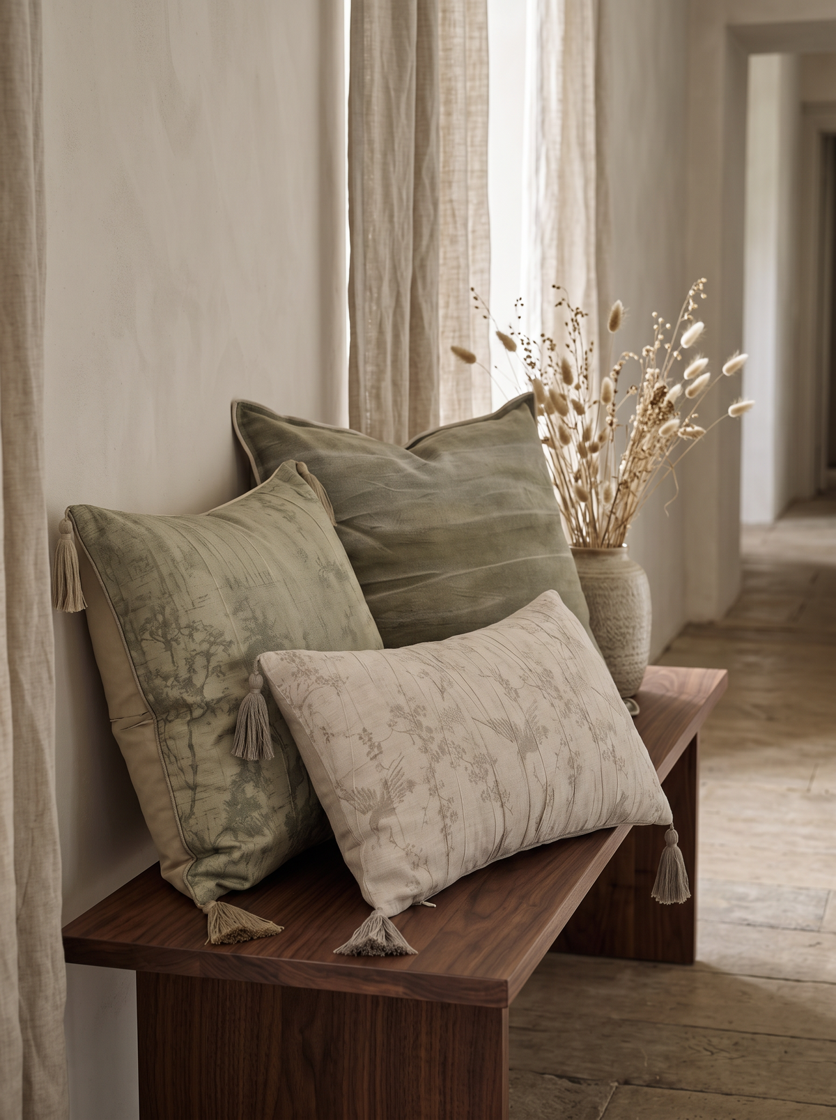 Olive Jacquard Linen Cotton Cushion Covers on a walnut bench