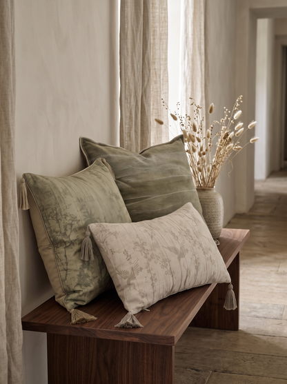 Olive Jacquard Linen Cotton Cushion Covers on a walnut bench