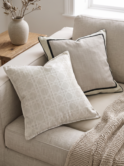 Mint Grey Lattice Jacquard Cushion Covers on a linen sofa