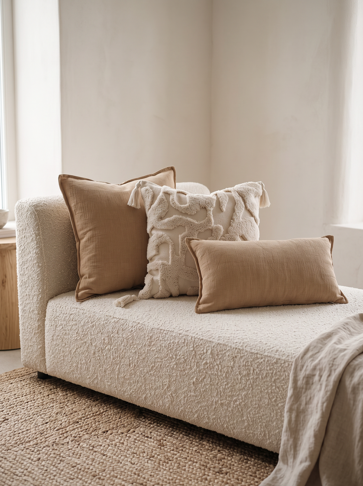 Ivory Leaf Embroidery Linen Cotton Cushion Covers on a boucle daybed