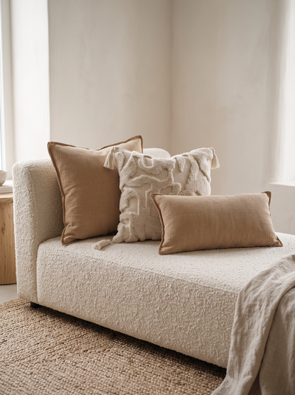Ivory Leaf Embroidery Linen Cotton Cushion Covers on a boucle daybed