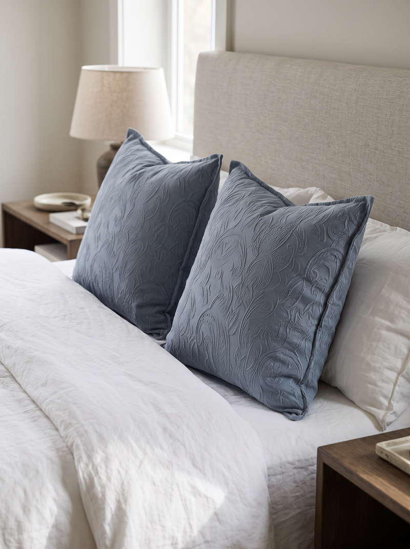 Dusty Blue Printed Jacquard Cushion Covers, styled at home on a made bed