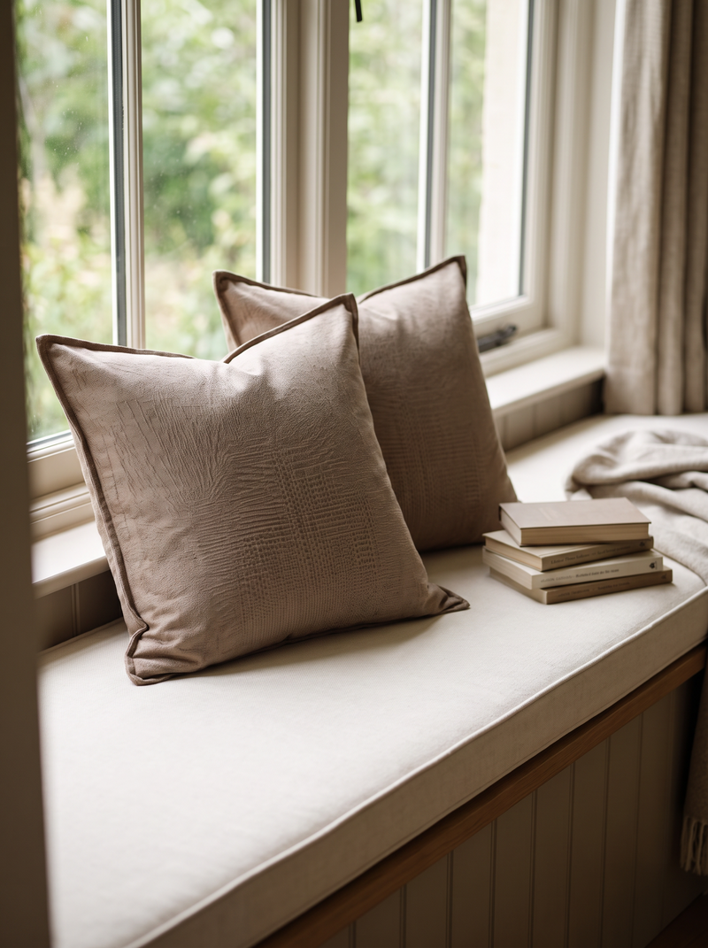 Mocha Flanged Cotton Cushion Covers, styled at home on a window seat