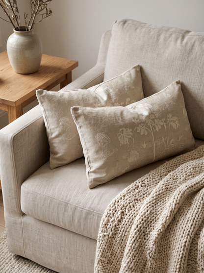 Oat Sprig Embroidery Linen Viscose Cushion Covers, styled at home on a linen sofa