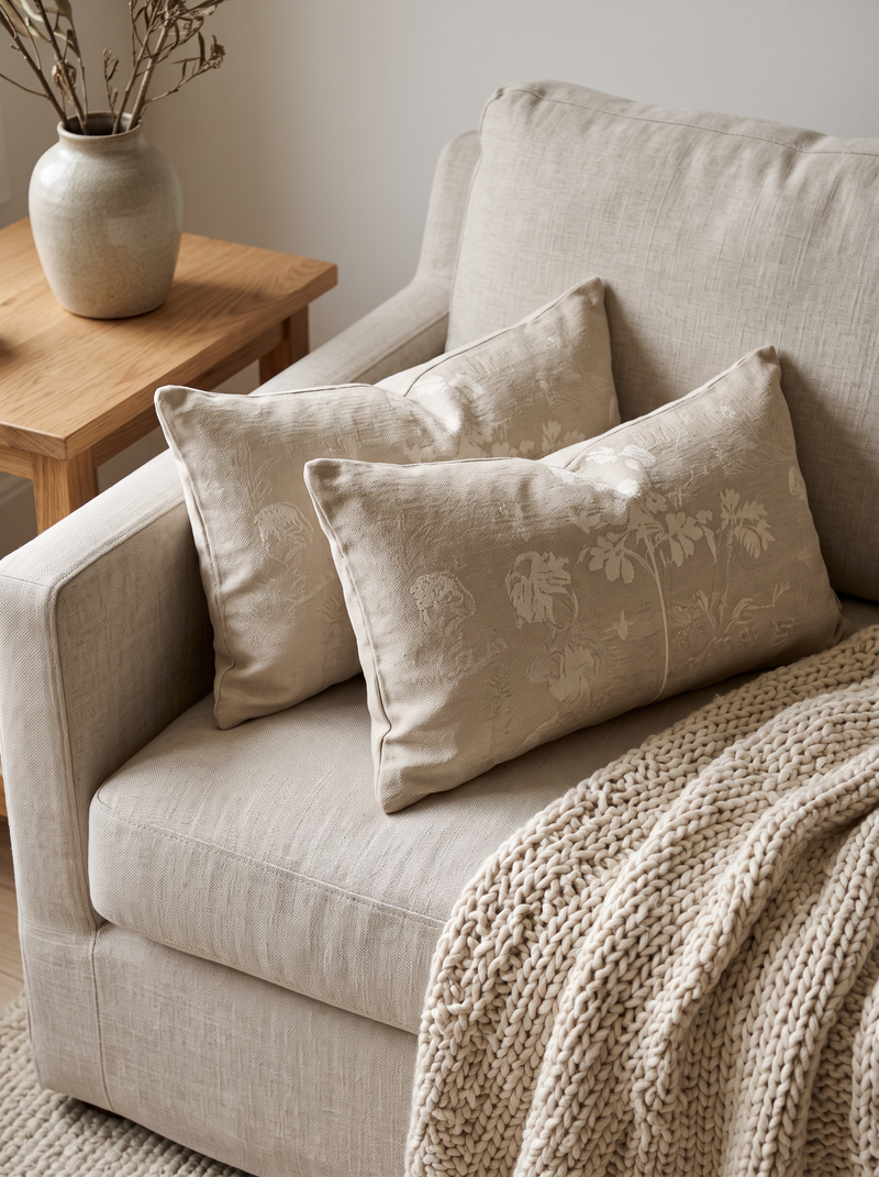 Oat Sprig Embroidery Linen Viscose Cushion Covers, styled at home on a linen sofa