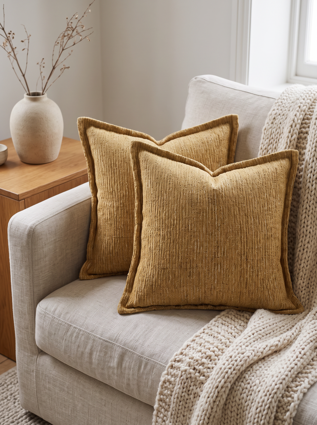 Mustard Chenille Embroidery Cushion Covers, styled at home on a linen sofa
