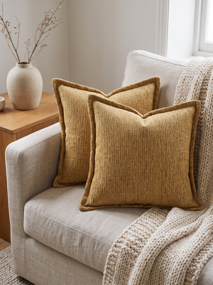 Mustard Chenille Embroidery Cushion Covers, styled at home on a linen sofa