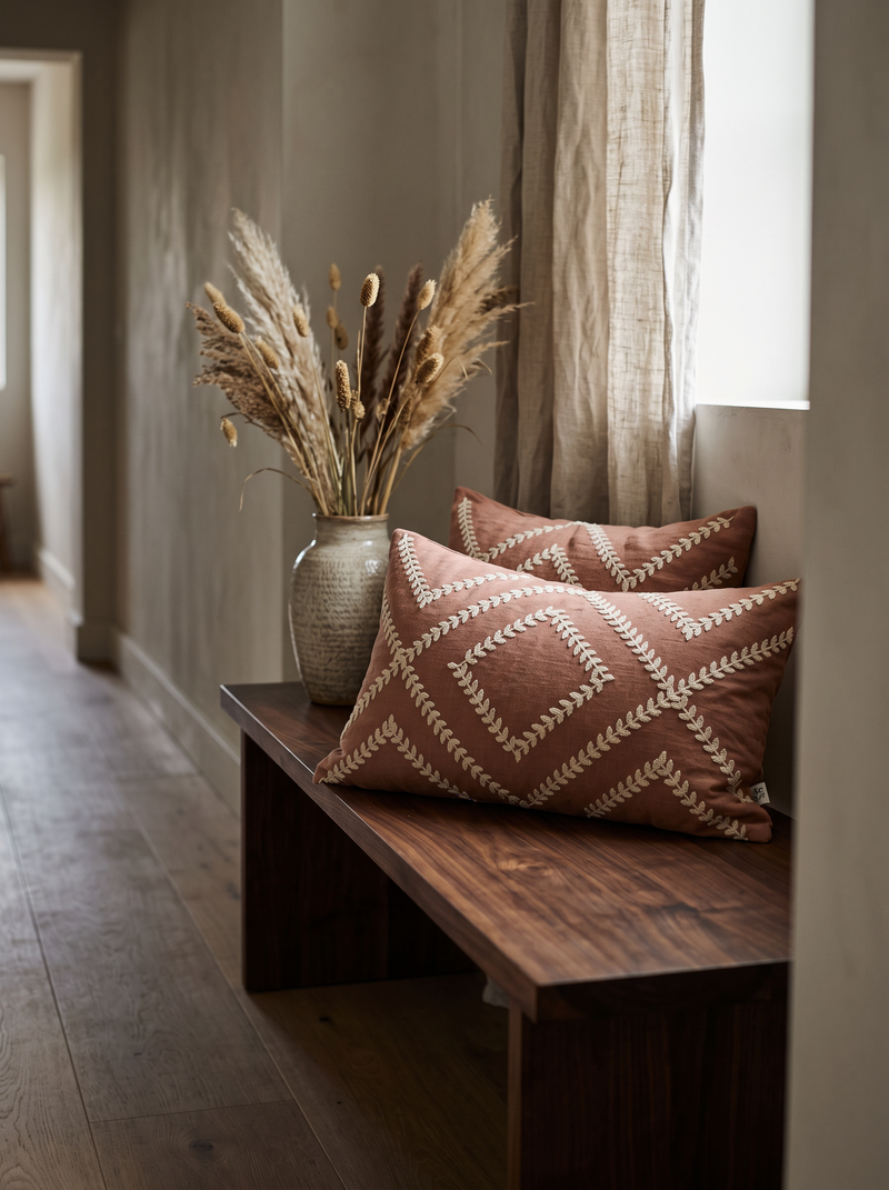 Terracotta Trellis Embroidery Linen Cotton Lumbar Cushion Covers, styled at home on a walnut bench