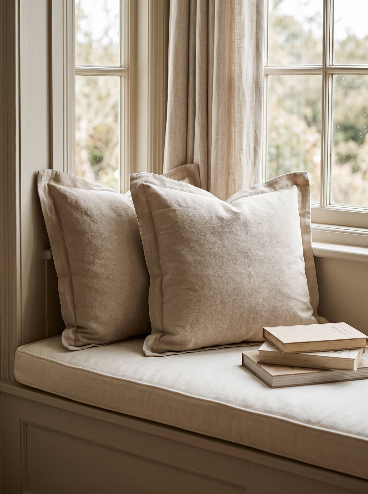 Natural Flanged Jacquard Linen Lyocell Cushion Covers, styled at home on a window seat