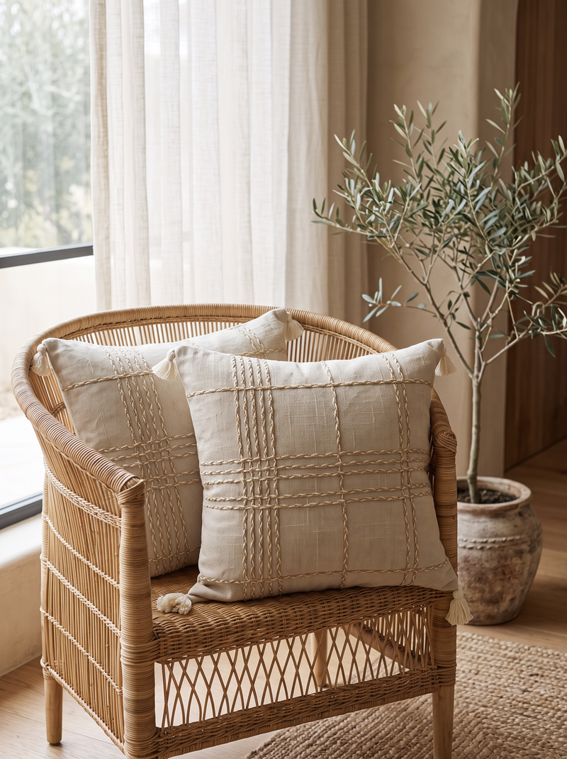 Oat Check Hand-Woven Linen Cotton Cushion Covers, styled at home on a rattan armchair by a window